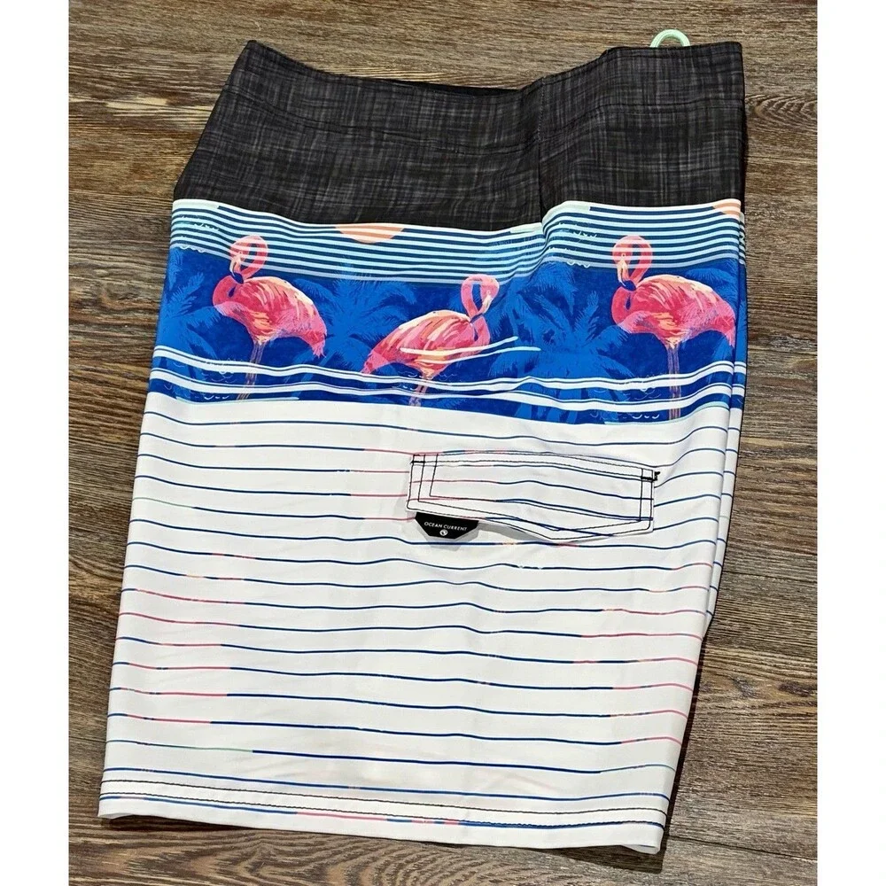 OCEAN CURRENT Stripe Flamingo Swim Board Shorts - Sz 36 Waist - Ret $40 - NWT